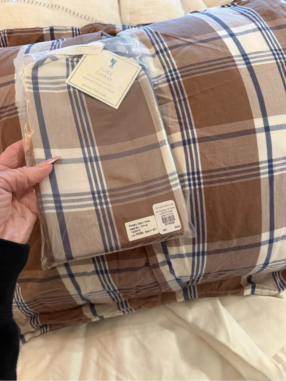 Pottery Barn Kids Brown, White and Blue Plaid Pillow Sham